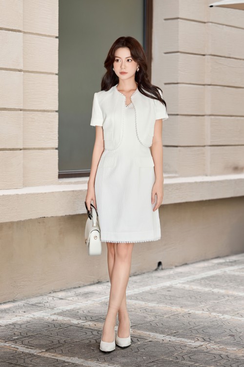 Sixdo White Woven Loose Dress & Vest